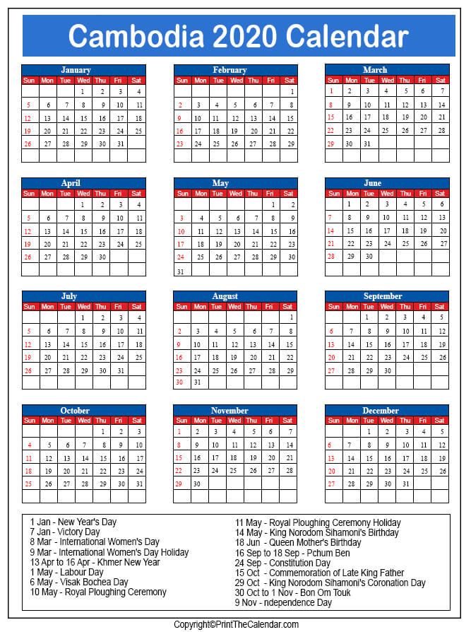 Cambodia Printable Calendar 2020